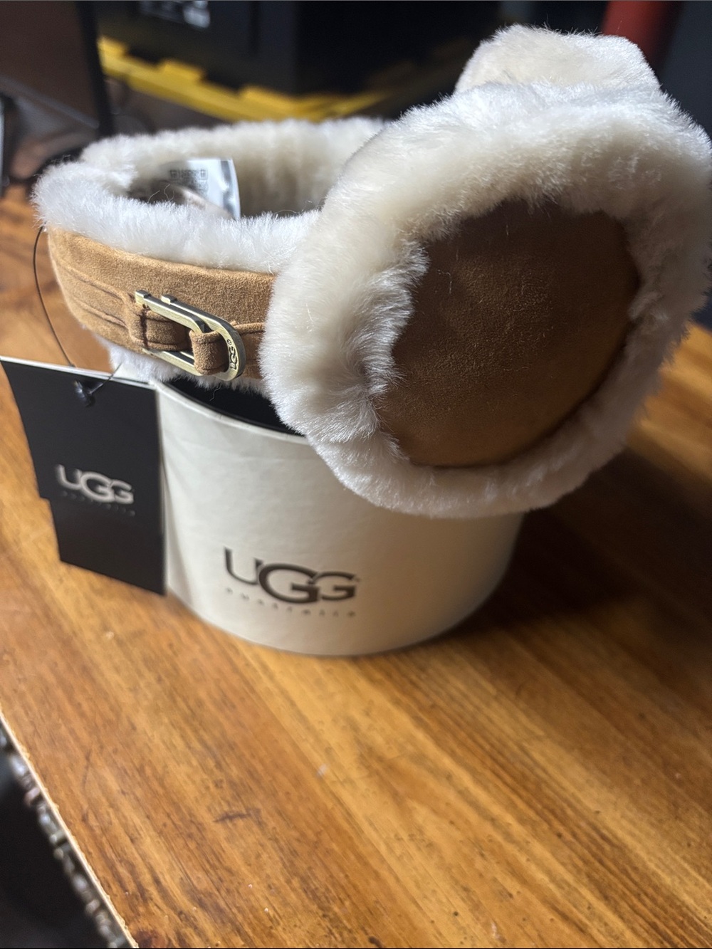 UGG Chestnut Suede Earmuffs with Cream Fur Trim